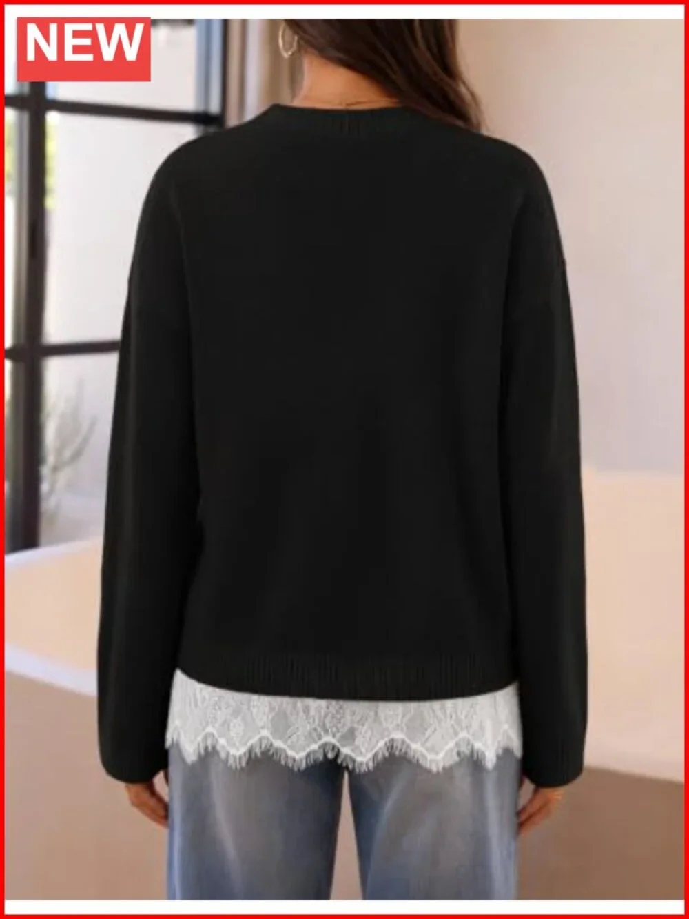 Oversized Lace Sweater Pullover Crew Neck Long Sleeve Knit